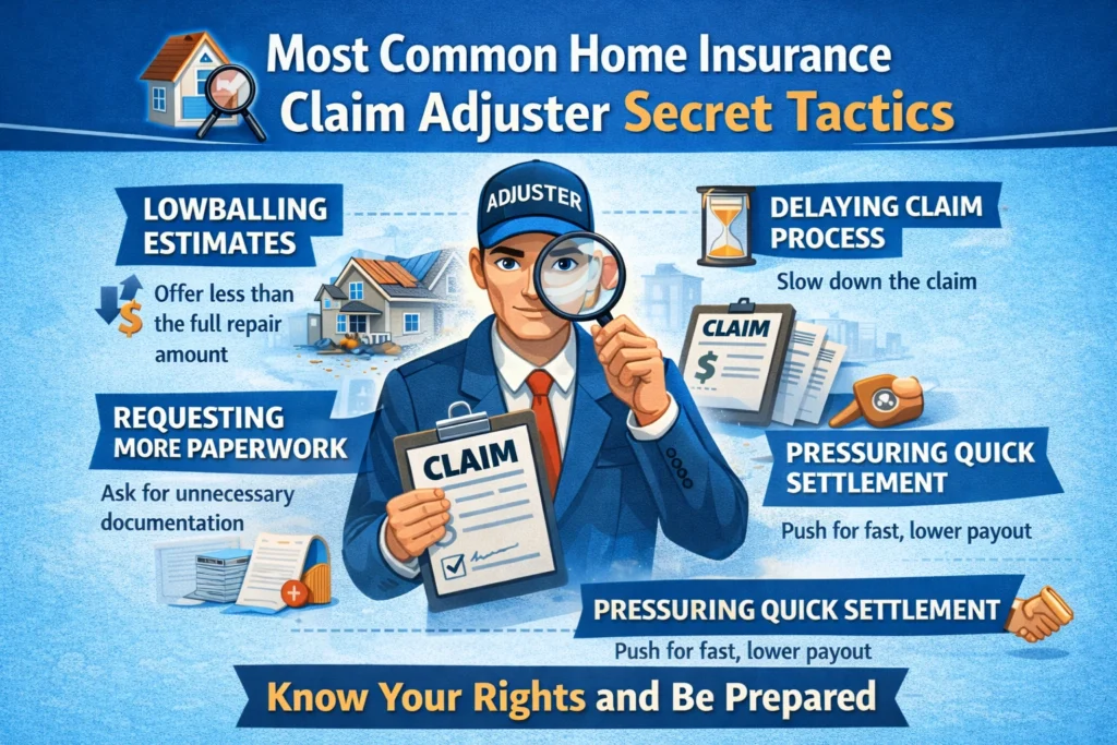 Infographic illustrating common home insurance claim adjuster tactics such as lowballing estimates, delaying the claim process, requesting extra paperwork, and pressuring quick settlements.