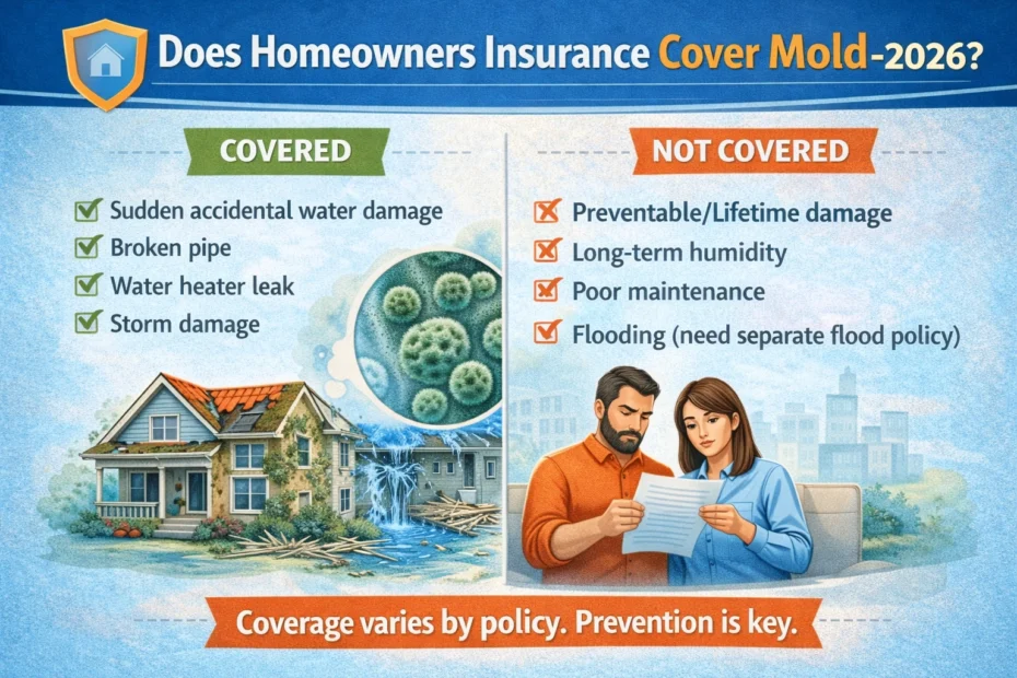 Infographic explaining whether homeowners insurance covers mold, showing covered causes like sudden water damage and not covered causes like long-term humidity and poor maintenance.