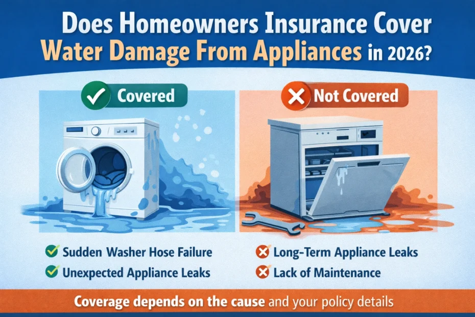 Infographic showing a washing machine leaking water as covered by homeowners insurance, and a dishwasher with a long-term leak as not covered, illustrating what appliance-related water damage is included and excluded.