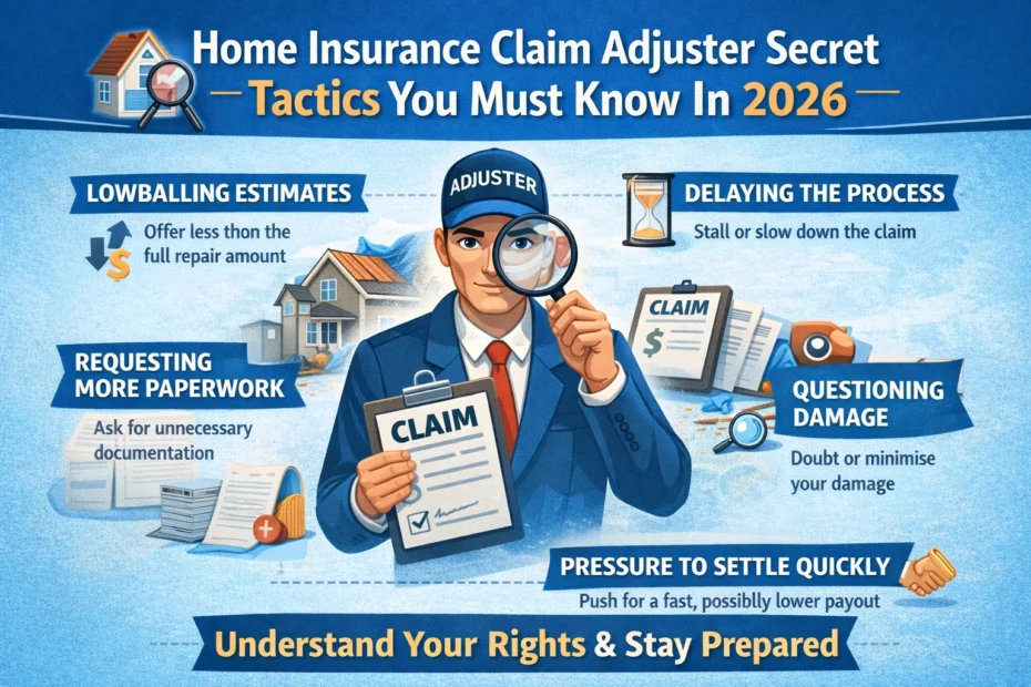 Infographic showing common home insurance claim adjuster tactics such as lowballing estimates, delaying claims, requesting extra paperwork, questioning damage, and pressuring quick settlements.