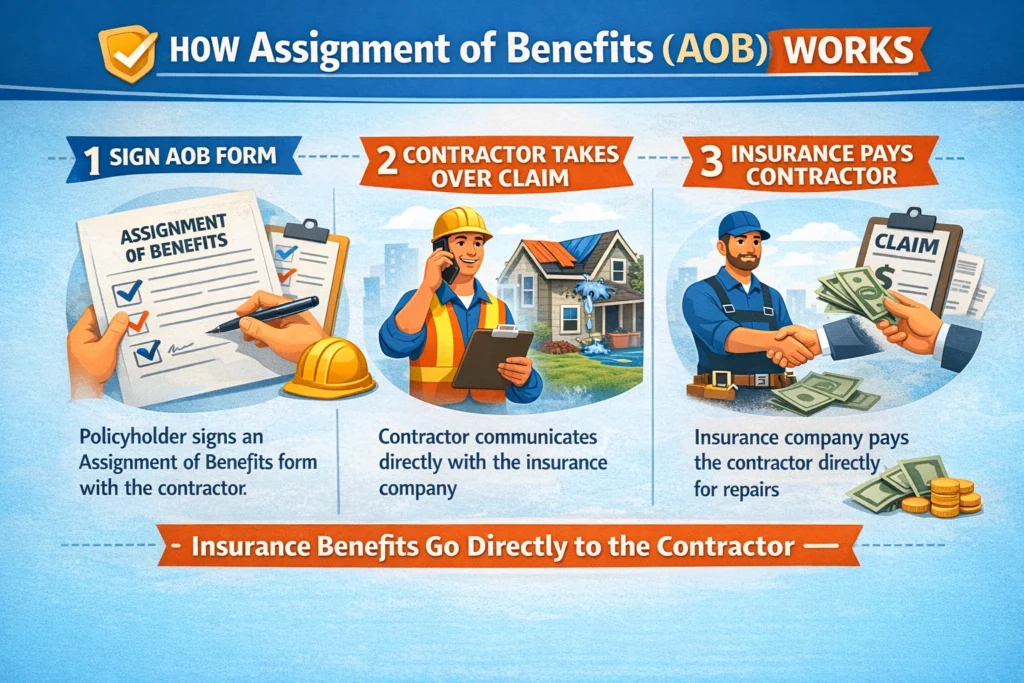 Infographic showing how Assignment of Benefits (AOB) works, including signing the AOB form, contractor handling the claim, and insurance company paying the contractor directly.