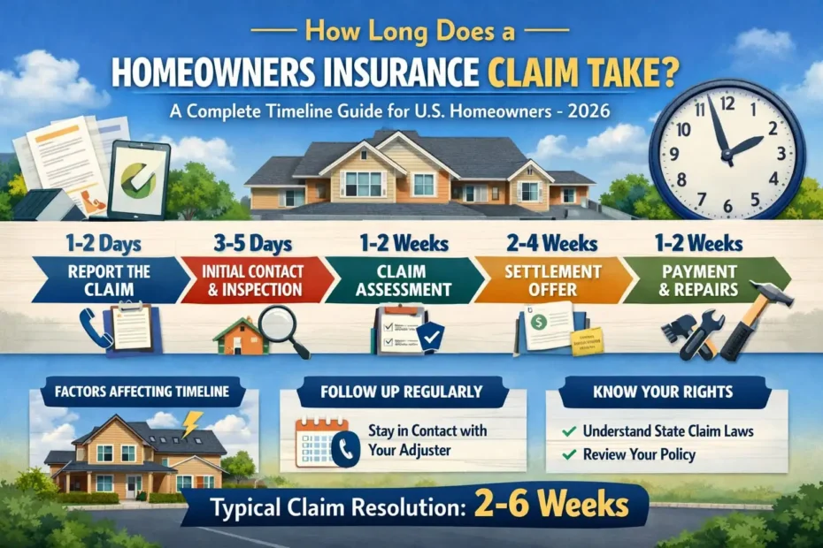 Infographic showing homeowners insurance claim timeline in 2026, including filing the claim, adjuster inspection, review period, approval, payment, and home repairs process.