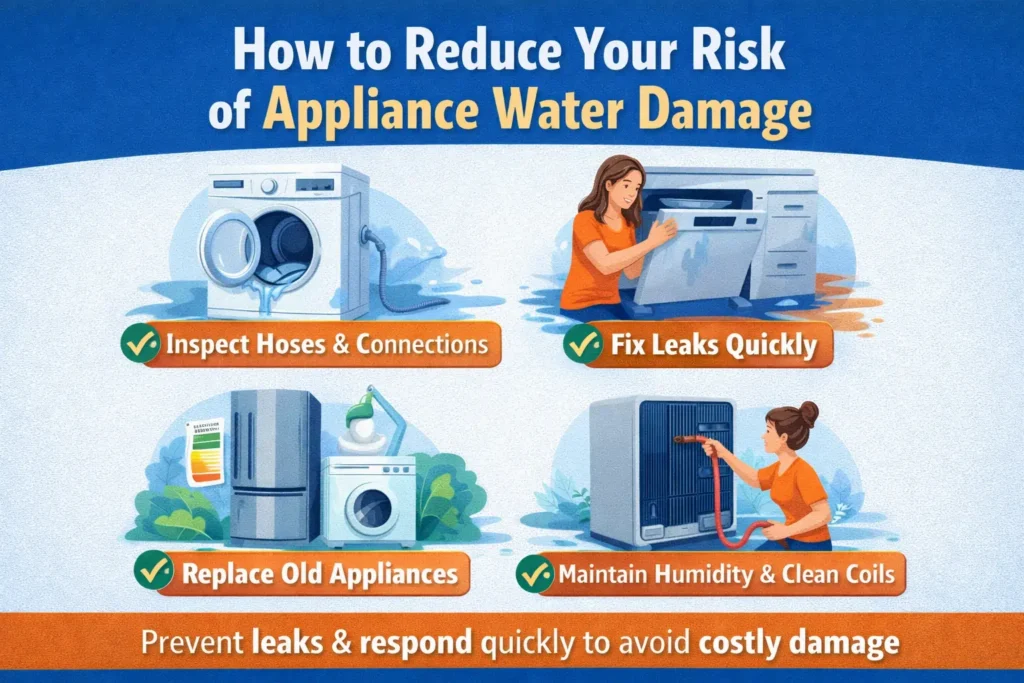 Infographic showing tips to prevent appliance water damage, including inspecting hoses, fixing leaks quickly, replacing old appliances, and maintaining humidity and clean coils.