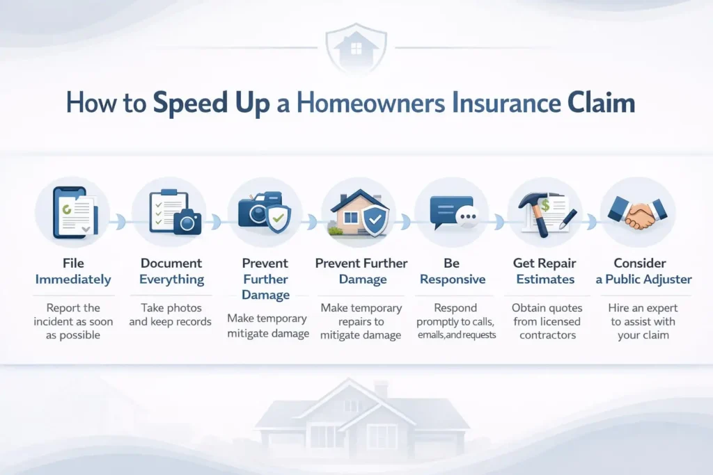 Infographic showing steps to speed up a homeowners insurance claim, including filing immediately, documenting damage, preventing further loss, communicating with adjuster, getting repair estimates, and reviewing policy coverage.