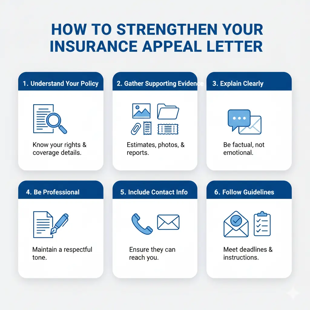Infographic showing a step-by-step guide to strengthen an insurance appeal letter, including understanding your policy, gathering supporting evidence, explaining your situation clearly, being polite, including contact information, and following submission guidelines.
