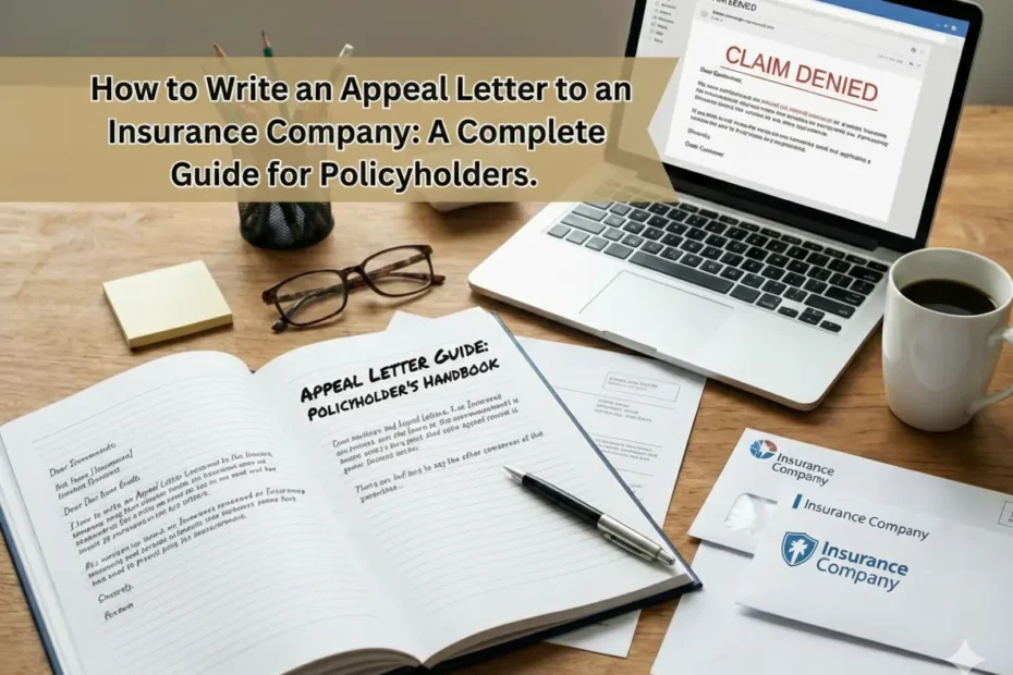 A desk setting with a laptop showing "CLAIM DENIED," an open notebook titled "APPEAL LETTER GUIDE," insurance company envelopes, a coffee cup, and a banner with the text "How to Write an Appeal Letter to an Insurance Company: A Complete Guide for Policyholders.