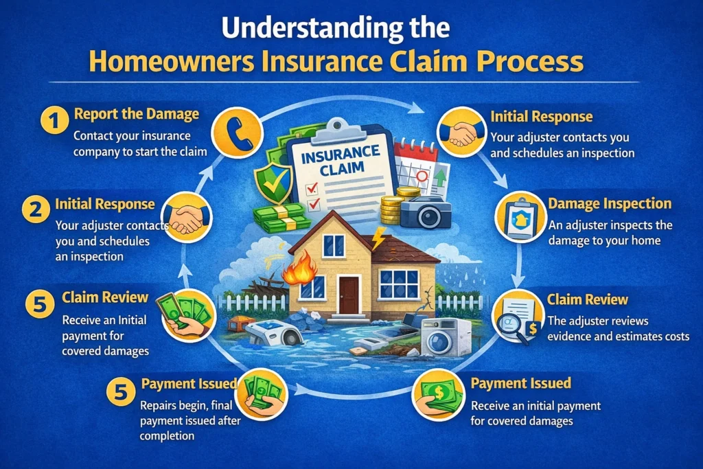 Infographic explaining the homeowners insurance claim process, showing steps like reporting damage, adjuster inspection, claim review, and receiving payment after home fire or water damage.