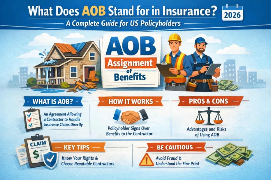 Infographic explaining what AOB (Assignment of Benefits) stands for in insurance, how it works, pros and cons, and key tips for US policyholders in 2026.