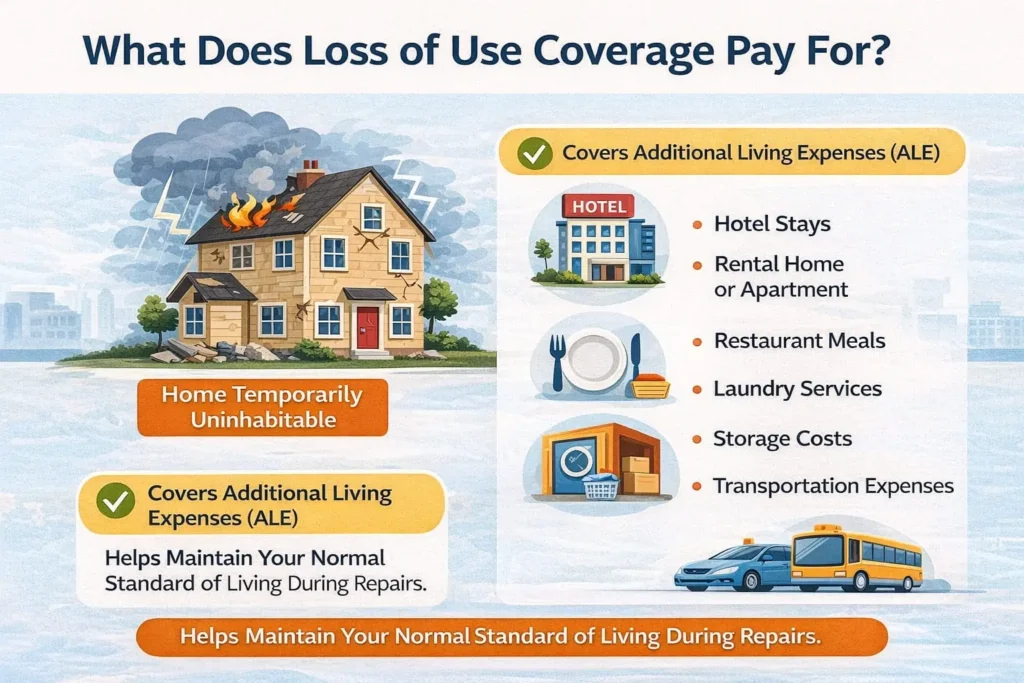 Infographic explaining what loss of use coverage pays for, including hotel stays, rental housing, restaurant meals, storage fees, and extra transportation costs after home damage.