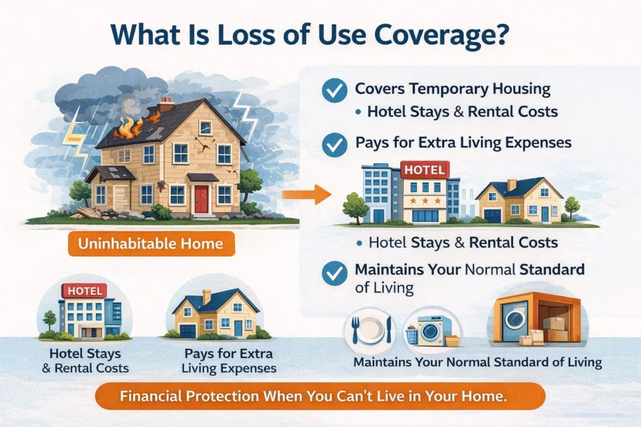 Infographic explaining loss of use coverage in homeowners insurance, showing a damaged home and temporary housing expenses like hotel stays and rental costs.