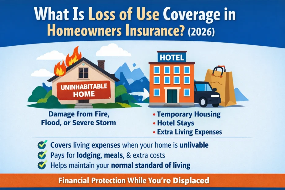 Infographic explaining loss of use coverage in homeowners insurance, showing an uninhabitable home due to fire damage and temporary housing like hotel stays and extra living expenses covered.