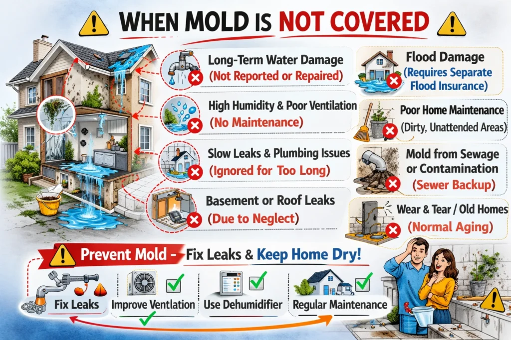 Infographic explaining when mold is not covered by homeowners insurance, including long-term moisture, poor maintenance, flood damage without flood policy, pest infestation, and gradual mold growth.