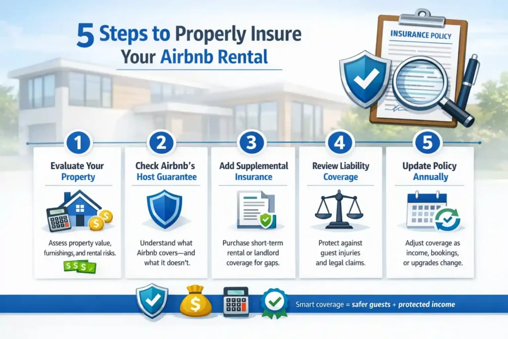 Infographic showing 5 steps to properly insure an Airbnb rental, featuring a modern rental property, clipboard with insurance policy, magnifying glass, and icons representing evaluating the property, Airbnb Host Guarantee, supplemental insurance, liability coverage, and annual policy review.