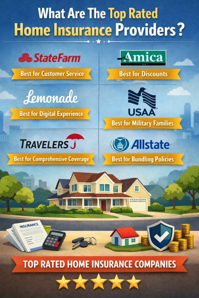 Infographic showing examples of top rated home insurance providers and their strengths, with a house, insurance symbols, and five-star ratings.