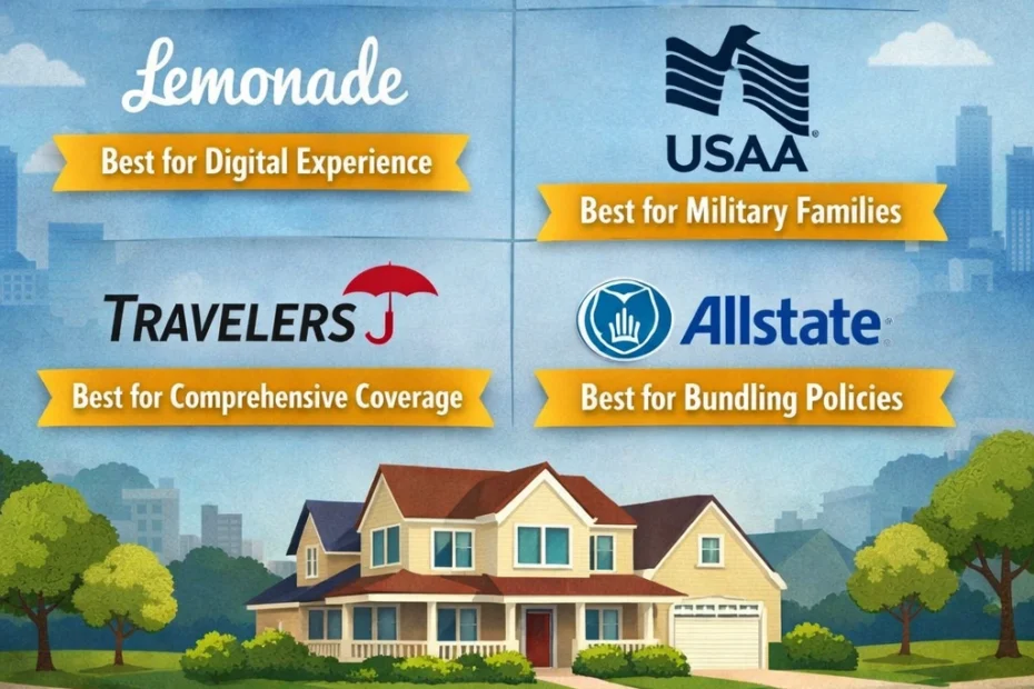 Infographic showing examples of top rated home insurance providers and their strengths, with a house, insurance symbols, and five-star ratings.