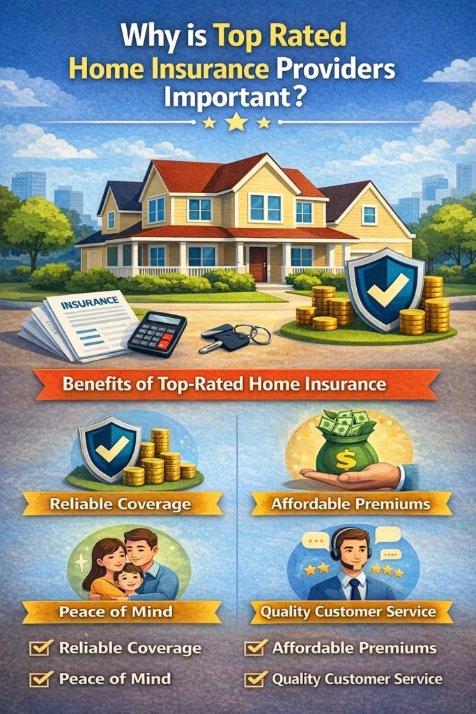 Illustration showing benefits of top rated home insurance providers including reliable coverage, affordable premiums, peace of mind, and quality customer service around a protected family home.
