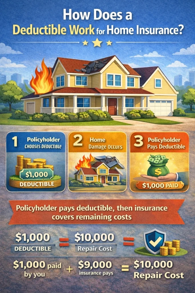 Infographic explaining how a home insurance deductible works, showing a damaged house, a $1,000 deductible example, and how insurance pays the remaining repair costs.