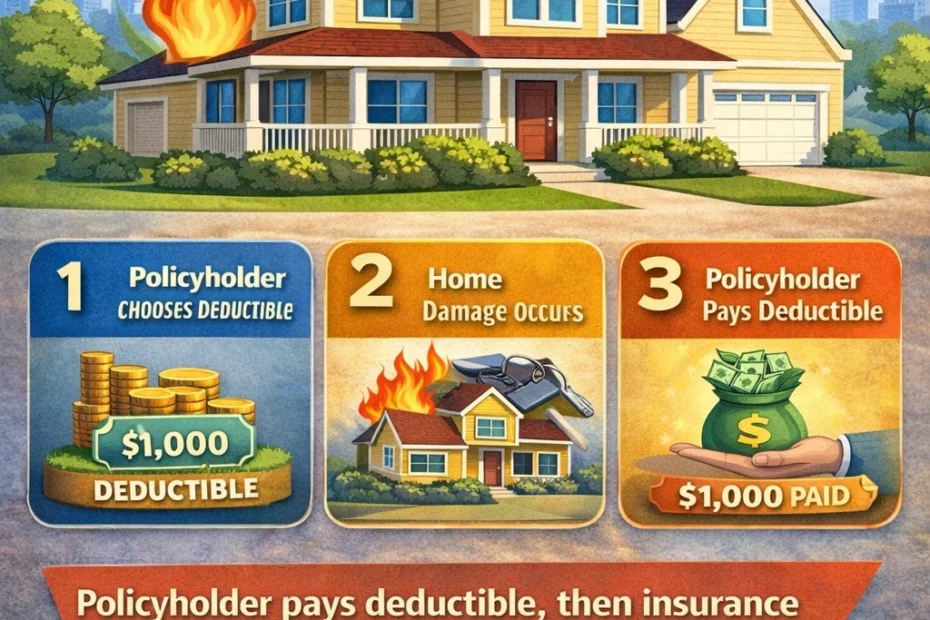 Infographic explaining how a home insurance deductible works, showing a damaged house, a $1,000 deductible example, and how insurance pays the remaining repair costs.