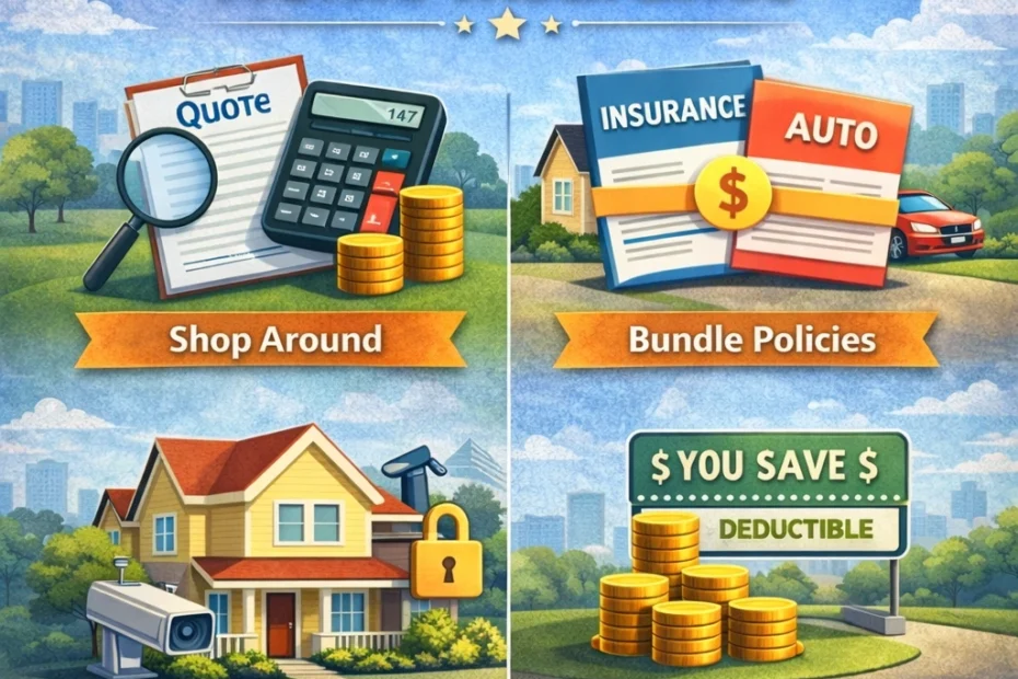 Square infographic showing tips to save on home insurance including shopping around, bundling policies, improving home security, and increasing deductible.