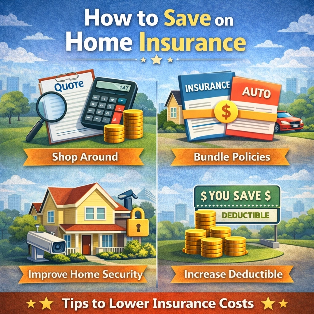 Square infographic showing tips to save on home insurance including shopping around, bundling policies, improving home security, and increasing deductible.