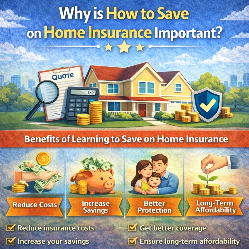 Infographic explaining why saving on home insurance is important, showing a protected house, money savings, lower premiums, and financial security icons.