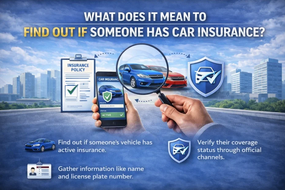Professional infographic showing a magnifying glass over two cars, a smartphone displaying active car insurance status, and an insurance policy document illustrating how to verify if someone has car insurance.