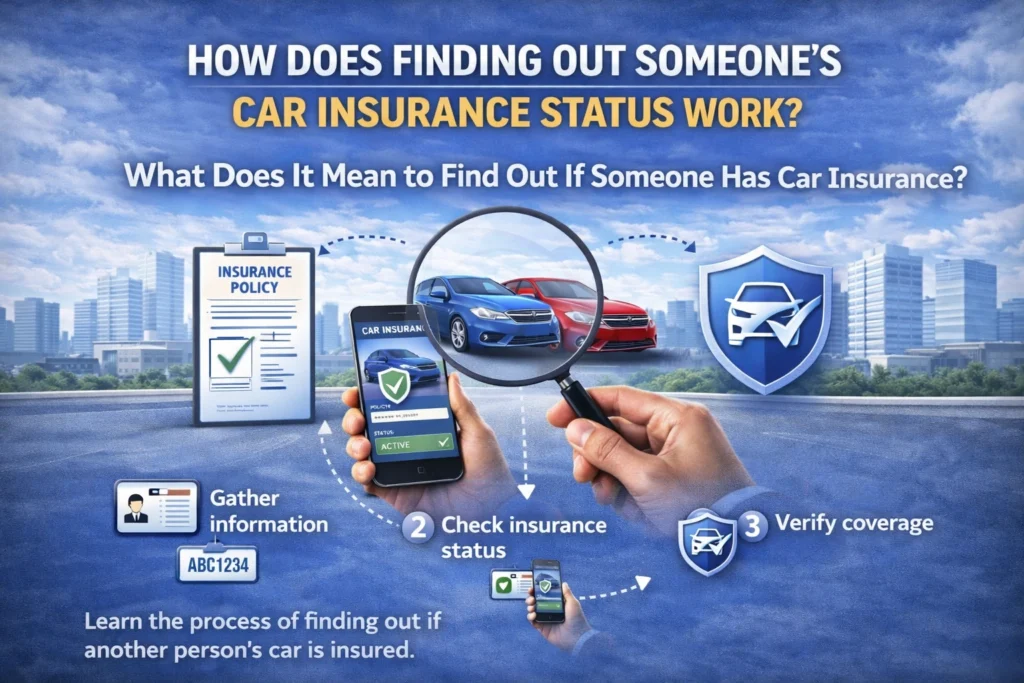 Professional infographic showing a magnifying glass over two cars, a smartphone displaying active car insurance status, and step-by-step icons for gathering information, checking insurance, and verifying coverage.