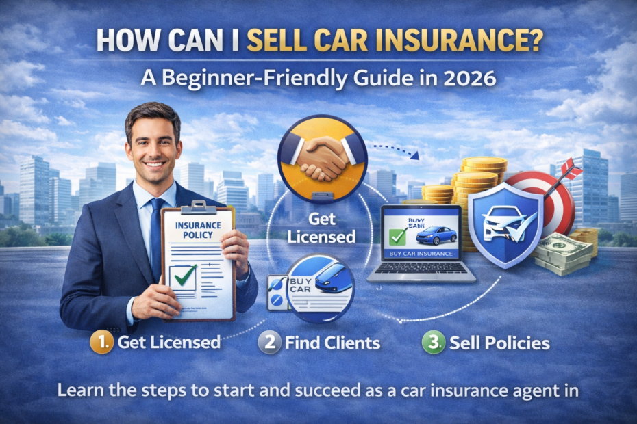 Professional infographic showing a licensed insurance agent holding a policy document, with icons for getting licensed, finding clients, and selling car insurance policies.