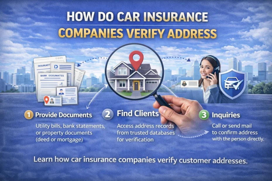 Professional infographic showing a house with a location pin under a magnifying glass, documents like utility bills and bank statements, and a customer service representative confirming address details.