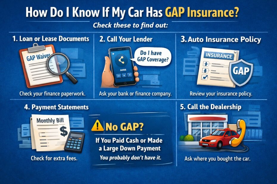 Infographic explaining how to check if a car has GAP insurance by reviewing loan documents, insurance policy, lender details, and payment statements.