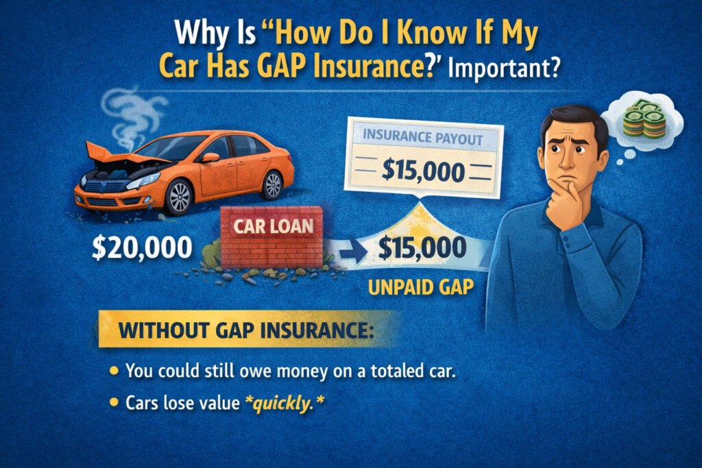 Infographic showing why it is important to know if your car has GAP insurance, explaining loan balance, insurance payout difference, and financial protection after a totaled car.