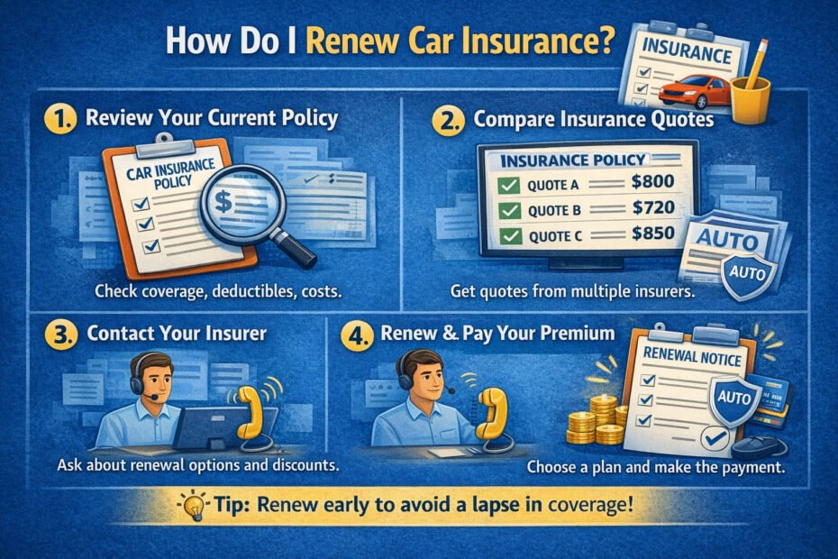Infographic showing step-by-step process to renew car insurance, including reviewing policy, comparing quotes, contacting insurer, and paying the premium.