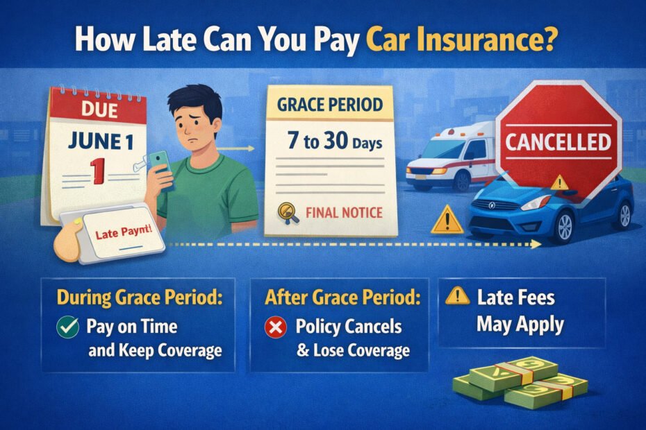 Illustration explaining how late you can pay car insurance, showing a payment due date calendar, grace period timeline, late payment warning, and policy cancellation risk.