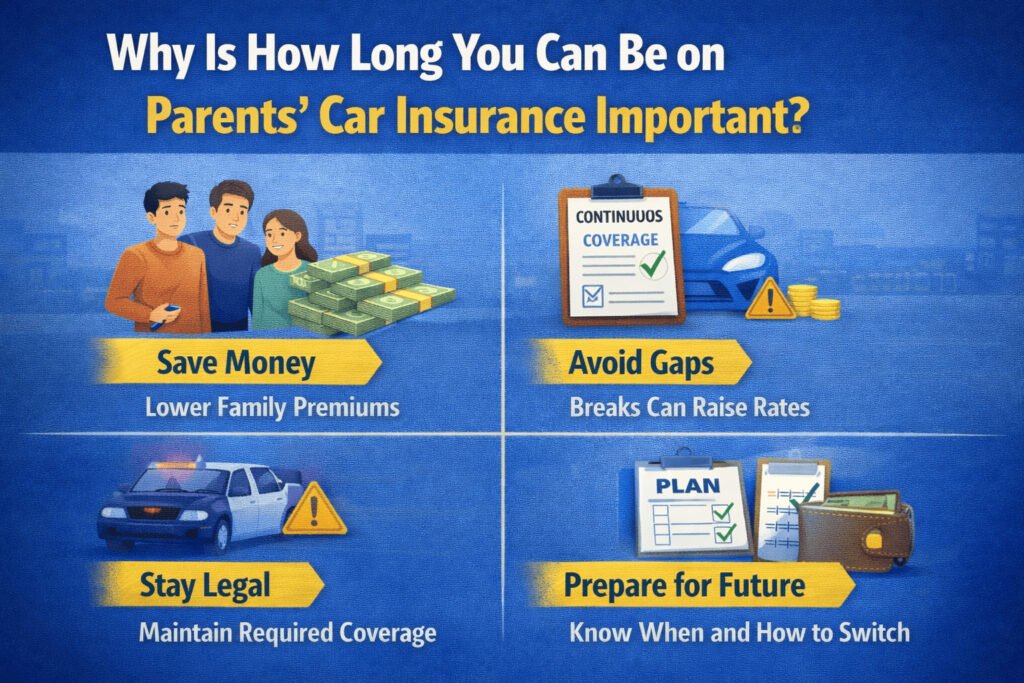 Infographic explaining why staying on parents’ car insurance is important, showing benefits like saving money, avoiding coverage gaps, staying legally insured, and planning for future independence.