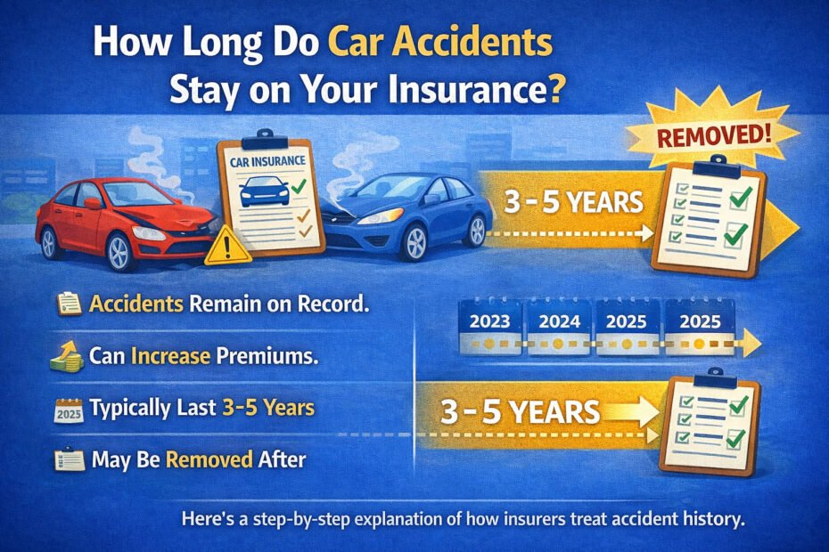 Infographic showing that car accidents typically stay on insurance records for 3–5 years, can increase premiums, and may be removed after this period. Includes icons of cars, clipboards, calendars, and dollar signs.