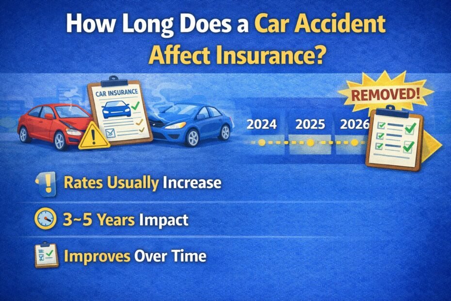Illustration explaining how long a car accident affects insurance, showing damaged vehicles, a timeline of several years, and notes about increased insurance rates that improve over time.