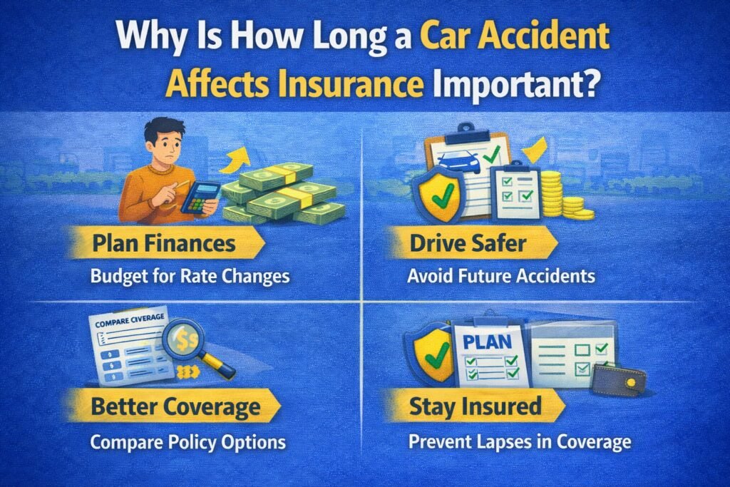 Educational infographic explaining why understanding how long a car accident affects insurance matters, showing budgeting, safer driving, comparing coverage options, and maintaining continuous insurance protection.