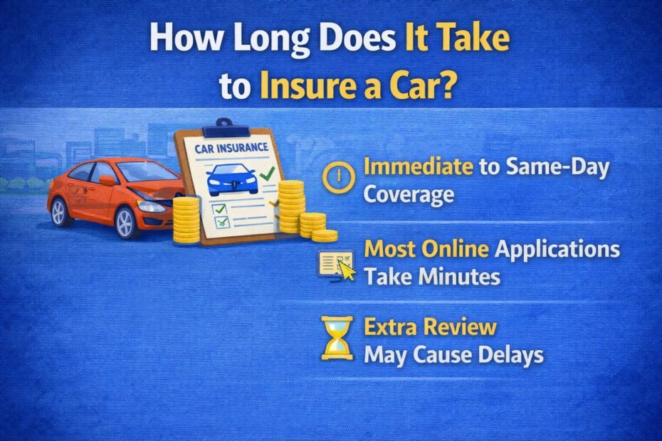 Digital infographic explaining how long it takes to insure a car, showing steps like application, verification, approval, and policy activation.