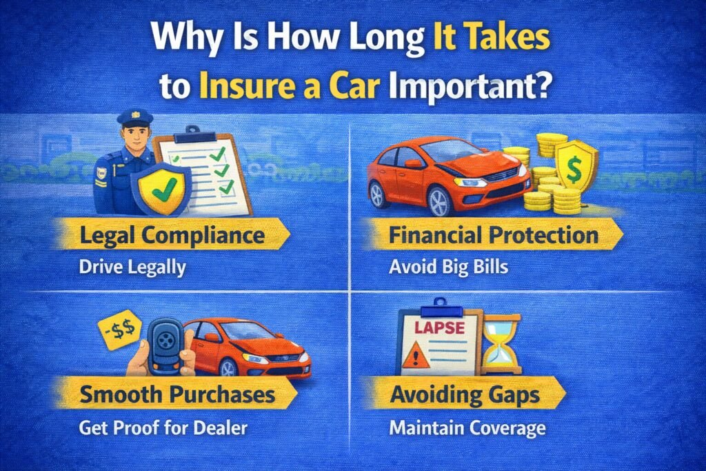Infographic explaining why knowing how long it takes to insure a car is important, highlighting legal compliance, financial protection, smooth vehicle purchases, and avoiding insurance coverage gaps.