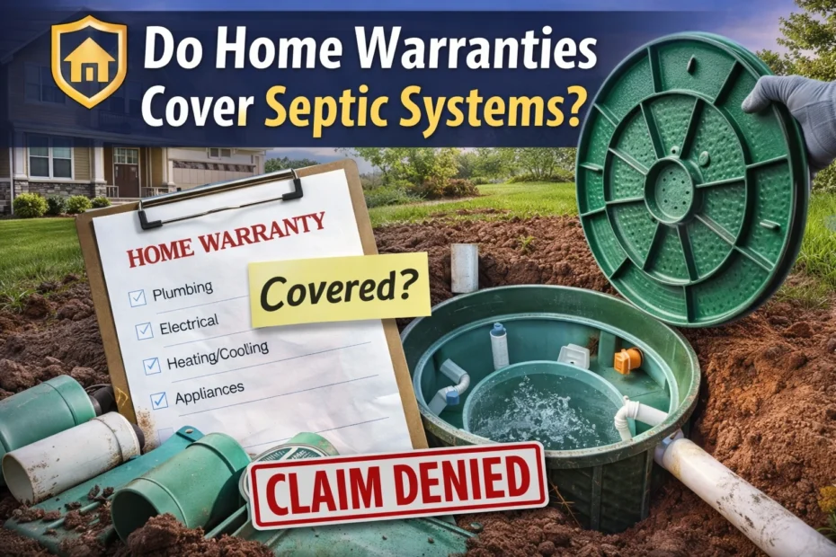 A home warranty clipboard next to an open septic tank with pipes, showing a "Claim Denied" stamp, highlighting uncertainty about septic system coverage.