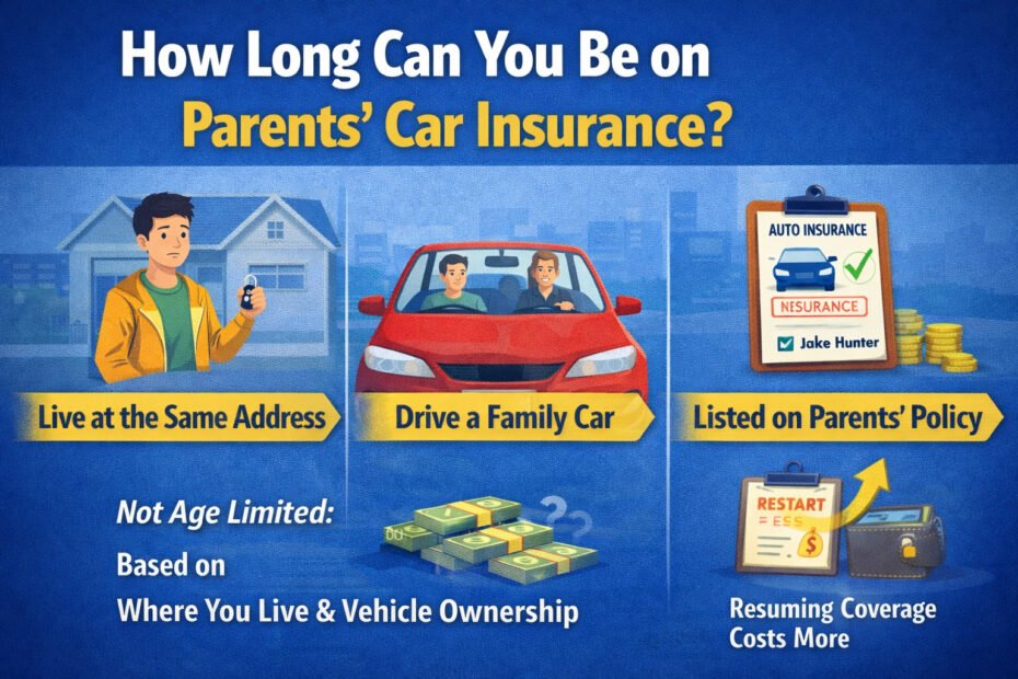 Infographic explaining how long you can stay on parents’ car insurance, showing requirements like living at the same address, driving a family car, and being listed on the policy.