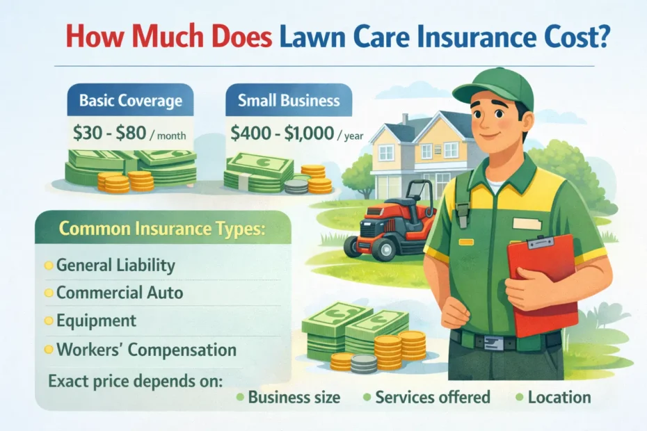 Illustration showing a lawn care worker with equipment, insurance documents, and a cost breakdown displaying typical lawn care insurance expenses.