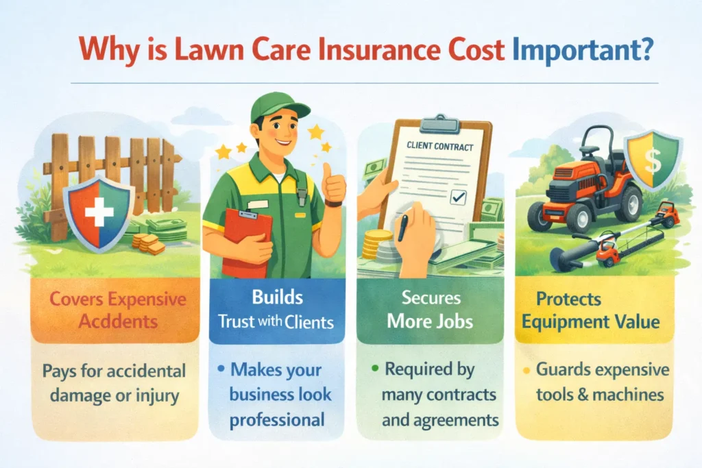 Infographic showing the importance of lawn care insurance costs, including financial protection, equipment safety, business growth, and risk management for lawn care professionals.