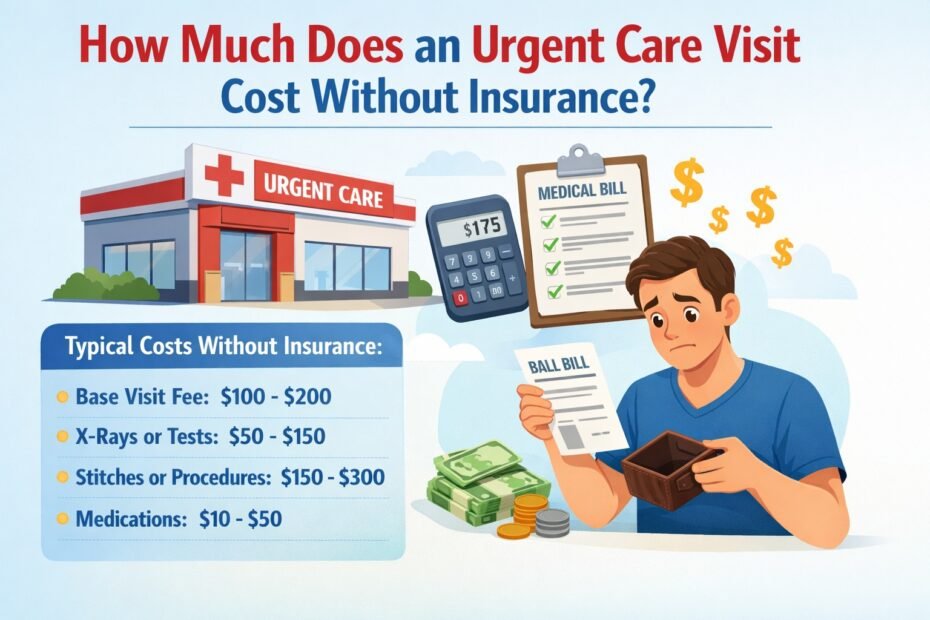 Illustration showing an urgent care clinic, a patient reviewing a medical bill, and a cost breakdown of typical urgent care visit expenses without insurance.
