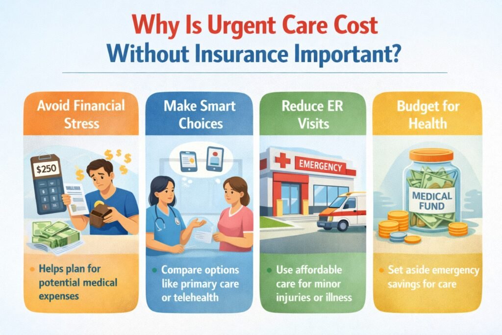 Infographic showing the importance of understanding urgent care costs without insurance, including financial planning, smart healthcare choices, reduced emergency room visits, and budgeting for medical expenses.