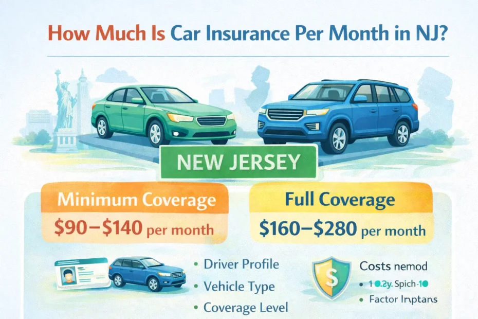 Infographic showing average monthly car insurance costs in New Jersey, comparing minimum coverage and full coverage prices with illustrated vehicles and pricing ranges.