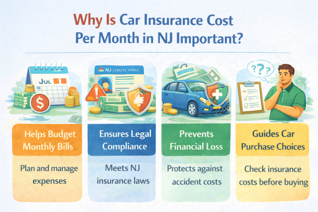 Infographic explaining why monthly car insurance cost in New Jersey is important, showing budgeting, financial protection, coverage benefits, and smart money planning for drivers.