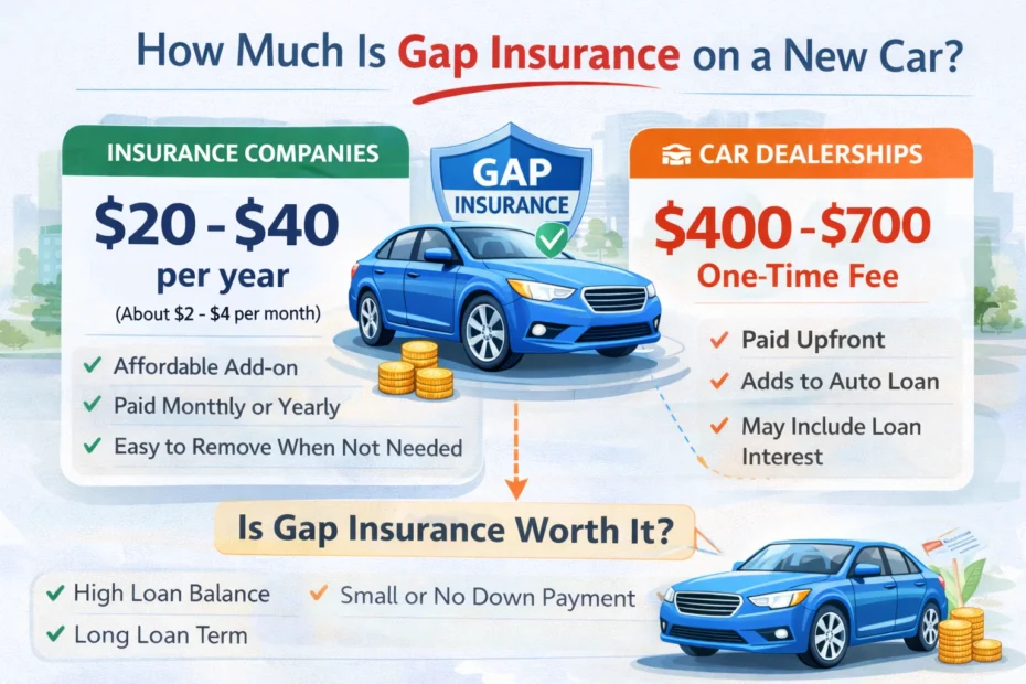 Infographic comparing gap insurance costs for a new car, showing insurance company pricing versus dealership pricing with a car illustration and coverage details.