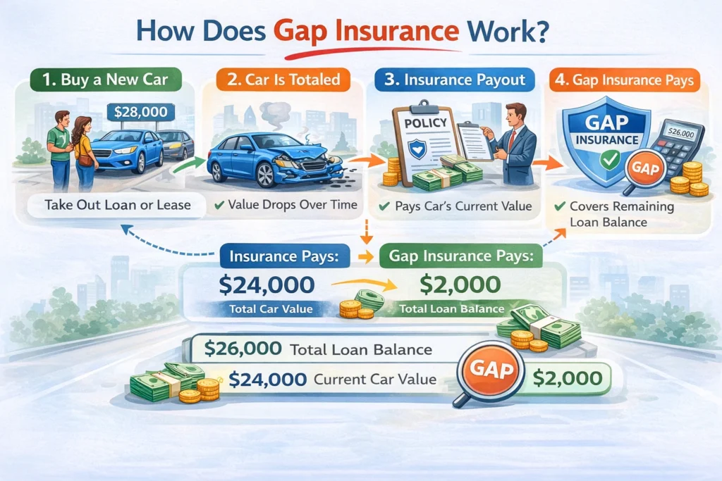 Infographic explaining how gap insurance works, showing four steps: buying a new car, the car being totaled, insurance paying the car’s current value, and gap insurance covering the remaining loan balance.