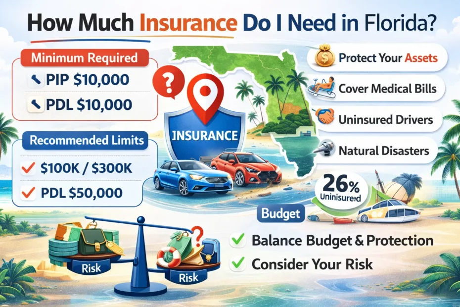 Infographic explaining how much car insurance coverage drivers need in Florida, showing minimum requirements, recommended limits, and financial protection tips.